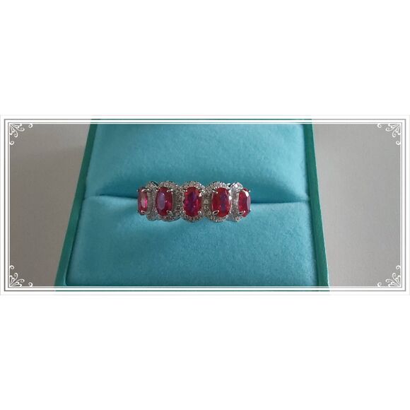 SALE~2.6 Carat Five Oval Ruby & White Sapphire Cocktail Ring Sz 8 - Picture 1 of 5